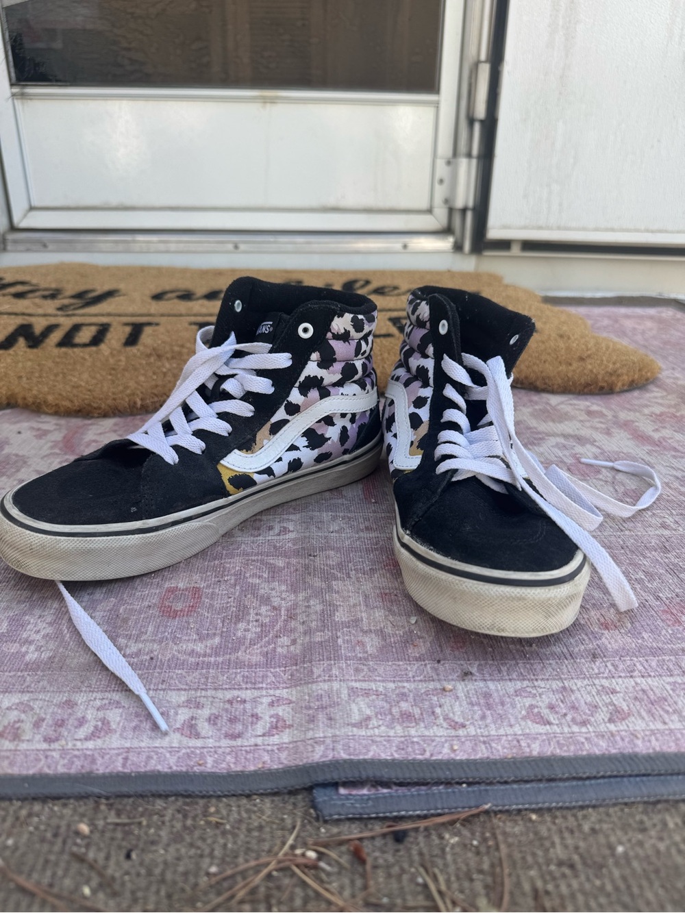 Vans High-Top Lace-Up in Black, White & Pink Leopard